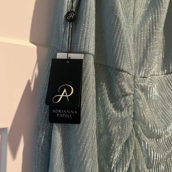 Adrianna Pappel gown, Smoke Mint. Mesh, cascade ruffle, high/low hem. - Picture 6 of 6